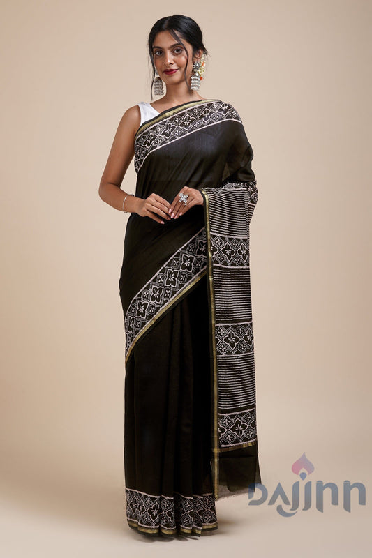 AYSR Boutique Into the Night Black Block Print Chanderi Silk Saree