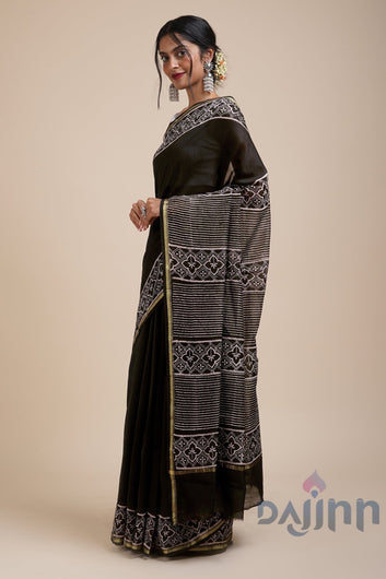 AYSR Boutique Into the Night Black Block Print Chanderi Silk Saree