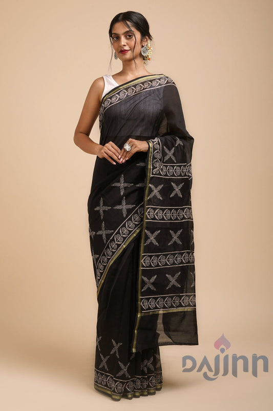 AYSR Boutique Raat ki Rani Black Block Print Chanderi Silk Saree