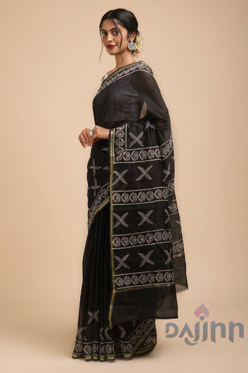 AYSR Boutique Raat ki Rani Black Block Print Chanderi Silk Saree