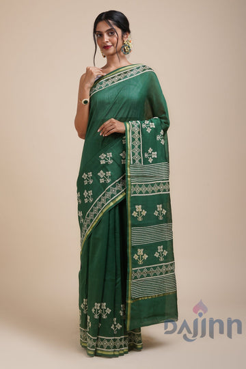 AYSR Boutique Green Chilli Bottle Green Block Print Chanderi Silk Saree