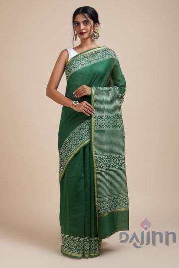 AYSR Boutique Chayaa Bottle Green Block Print Chanderi Silk Saree