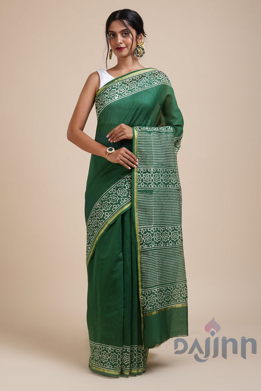 AYSR Boutique Chayaa Bottle Green Block Print Chanderi Silk Saree