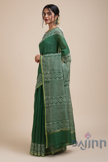 AYSR Boutique Chayaa Bottle Green Block Print Chanderi Silk Saree