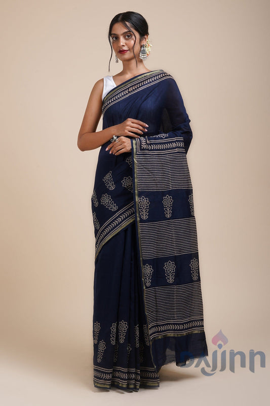 AYSR Boutique Dhalti Sham Navy Blue Block Print Chanderi Silk Saree