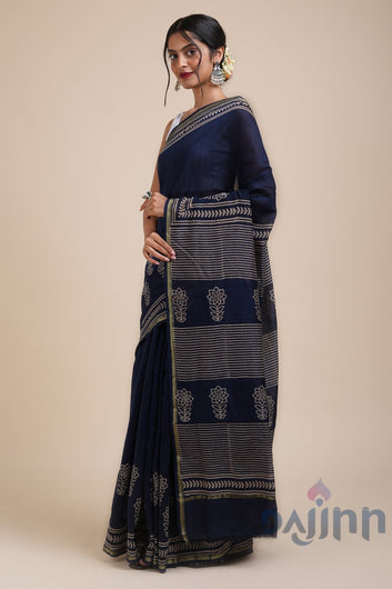 AYSR Boutique Dhalti Sham Navy Blue Block Print Chanderi Silk Saree