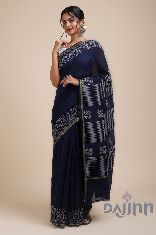 AYSR Boutique Saat Samandar Navy Blue Block Print Chanderi Silk Saree