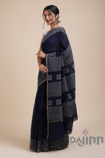 AYSR Boutique Saat Samandar Navy Blue Block Print Chanderi Silk Saree