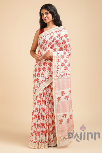 AYSR Boutique Gulabi Bahaar Pink and White Block Print Chanderi Silk Saree