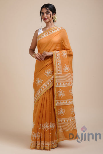 AYSR Boutique Sunkissed Mustard Block Print Chanderi Silk Saree