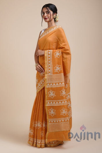 AYSR Boutique Sunkissed Mustard Block Print Chanderi Silk Saree