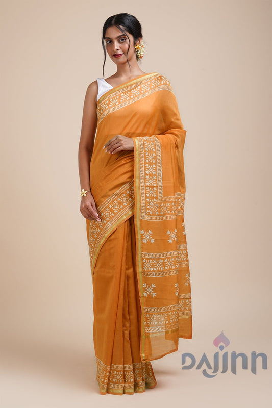 AYSR Boutique Sunehri Sham Mustard Block Print Chanderi Silk Saree