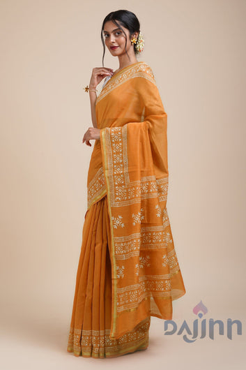 AYSR Boutique Sunehri Sham Mustard Block Print Chanderi Silk Saree