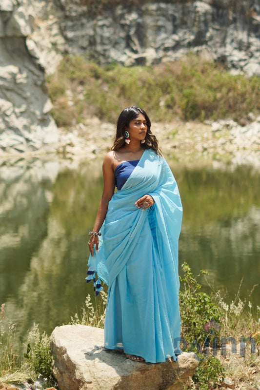 AYSR Boutique Vanilla and Berry Light Blue and Royal Blue Mulmul Saree