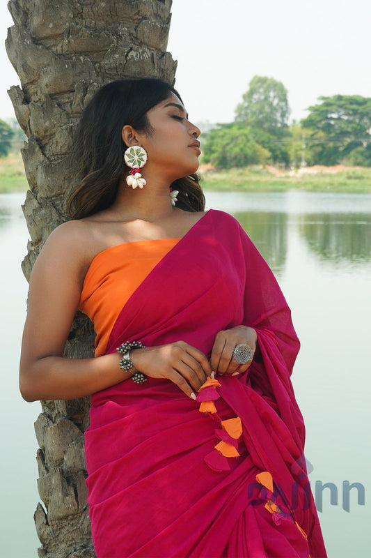 AYSR Boutique Sugar N' Spice Hot Pink and Orange Mulmul Saree