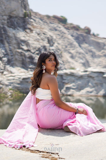 AYSR Boutique Teaberry Light Pink and White Mulmul Saree