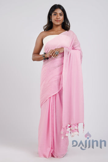 AYSR Boutique Teaberry Light Pink and White Mulmul Saree