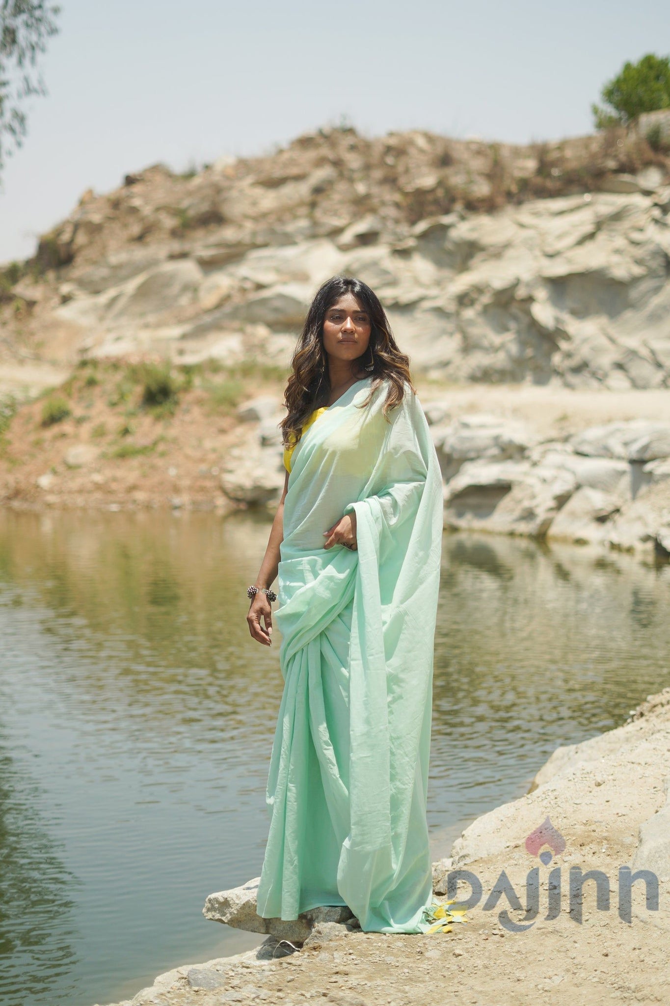 AYSR Boutique Piña Colada Punch Mint Green and Yellow Mulmul Saree