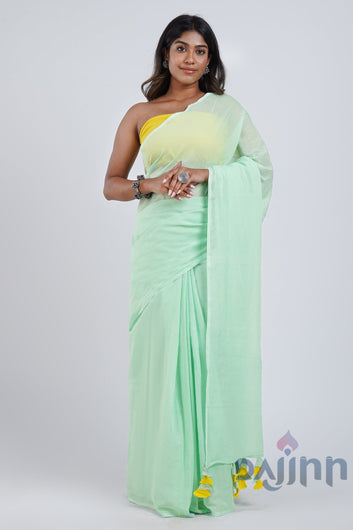 AYSR Boutique Piña Colada Punch Mint Green and Yellow Mulmul Saree