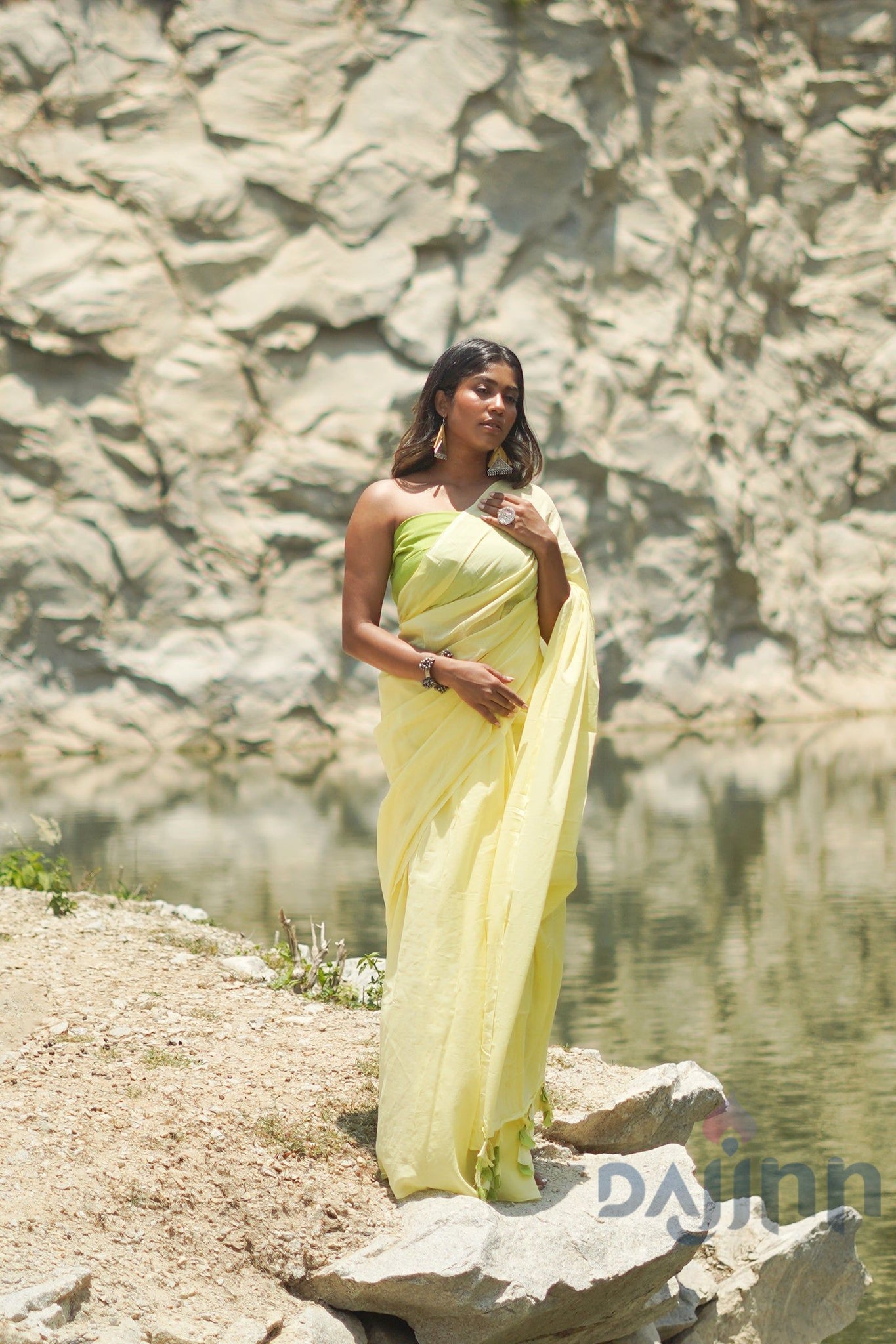 AYSR Boutique Lemon and Lime Light Yellow and Green Mulmul Saree