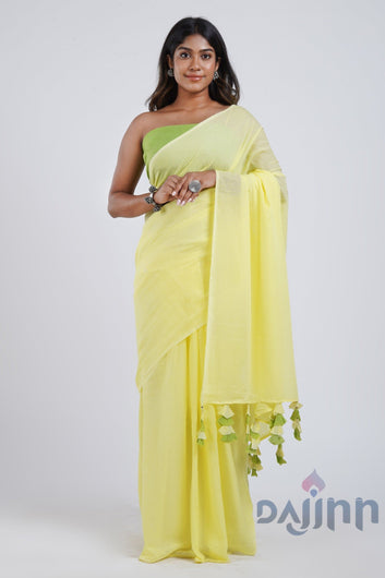 AYSR Boutique Lemon and Lime Light Yellow and Green Mulmul Saree