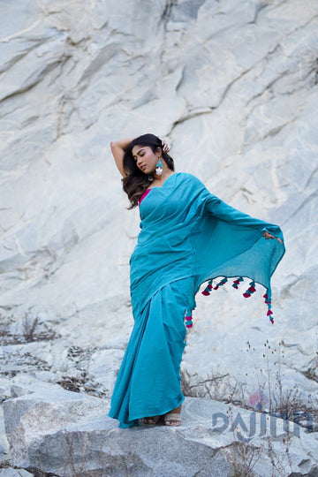 AYSR Boutique Cotton Candy Turquoise and Hot Pink Mulmul Saree