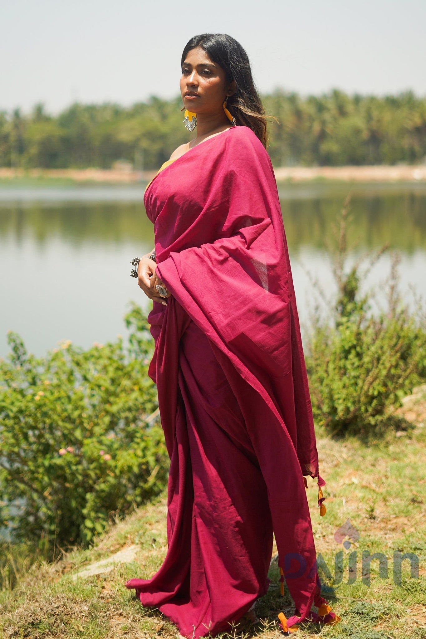 AYSR Boutique Spice Slice Magenta and Mustard Mulmul Saree