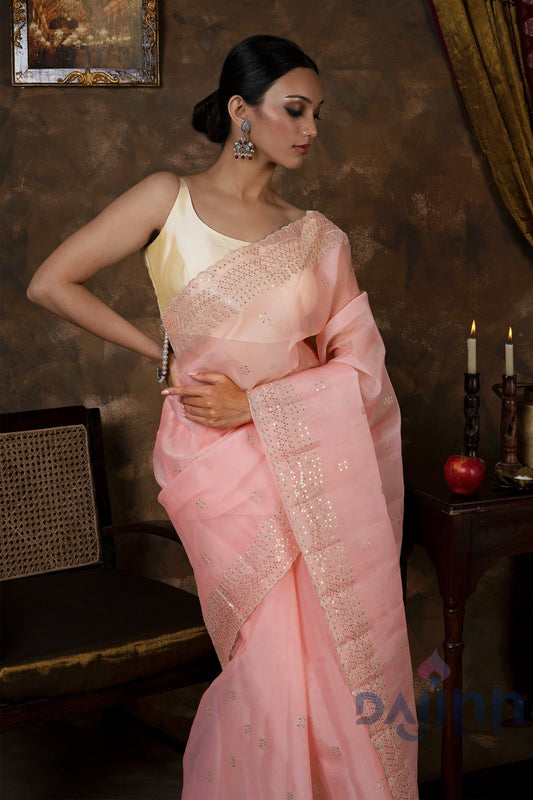 AYSR Boutique Kahaana Pink Sequin Embroidery Organza Saree