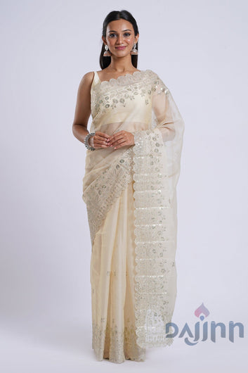 AYSR Boutique Aakruti Cream Sequin Embroidery Organza Saree