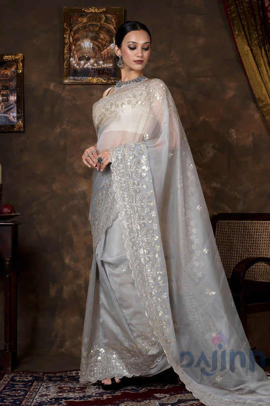 AYSR Boutique Adwetta Grey Sequin Embroidery Organza Saree