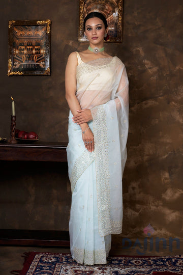 AYSR Boutique Aleykha Powder Blue Sequin Embroidery Organza Saree