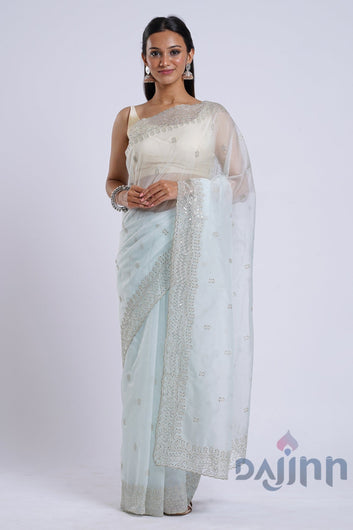 AYSR Boutique Aleykha Powder Blue Sequin Embroidery Organza Saree