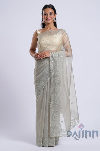 AYSR Boutique Aanisha Sage Green Sequin Embroidery Organza Saree