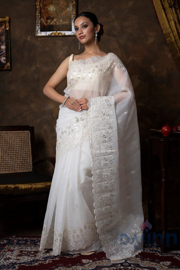 AYSR Boutique Bhrithi Off White Sequin Embroidery Organza Saree