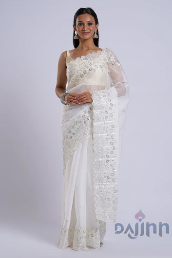 AYSR Boutique Bhrithi Off White Sequin Embroidery Organza Saree