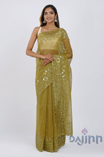 AYSR Boutique Adyti Olive Green Sequin Embroidery Organza Saree