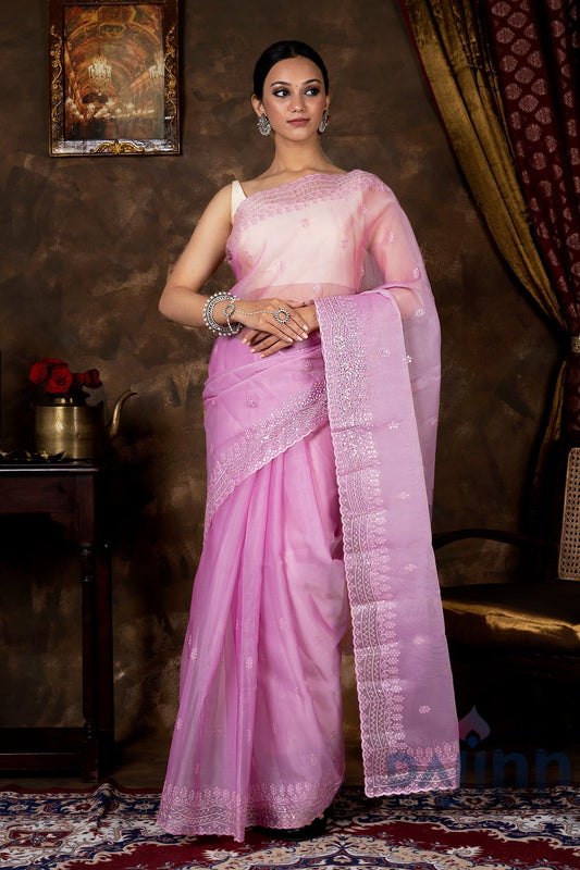 AYSR Boutique Eeshta Onion Pink Sequin Embroidery Organza Saree