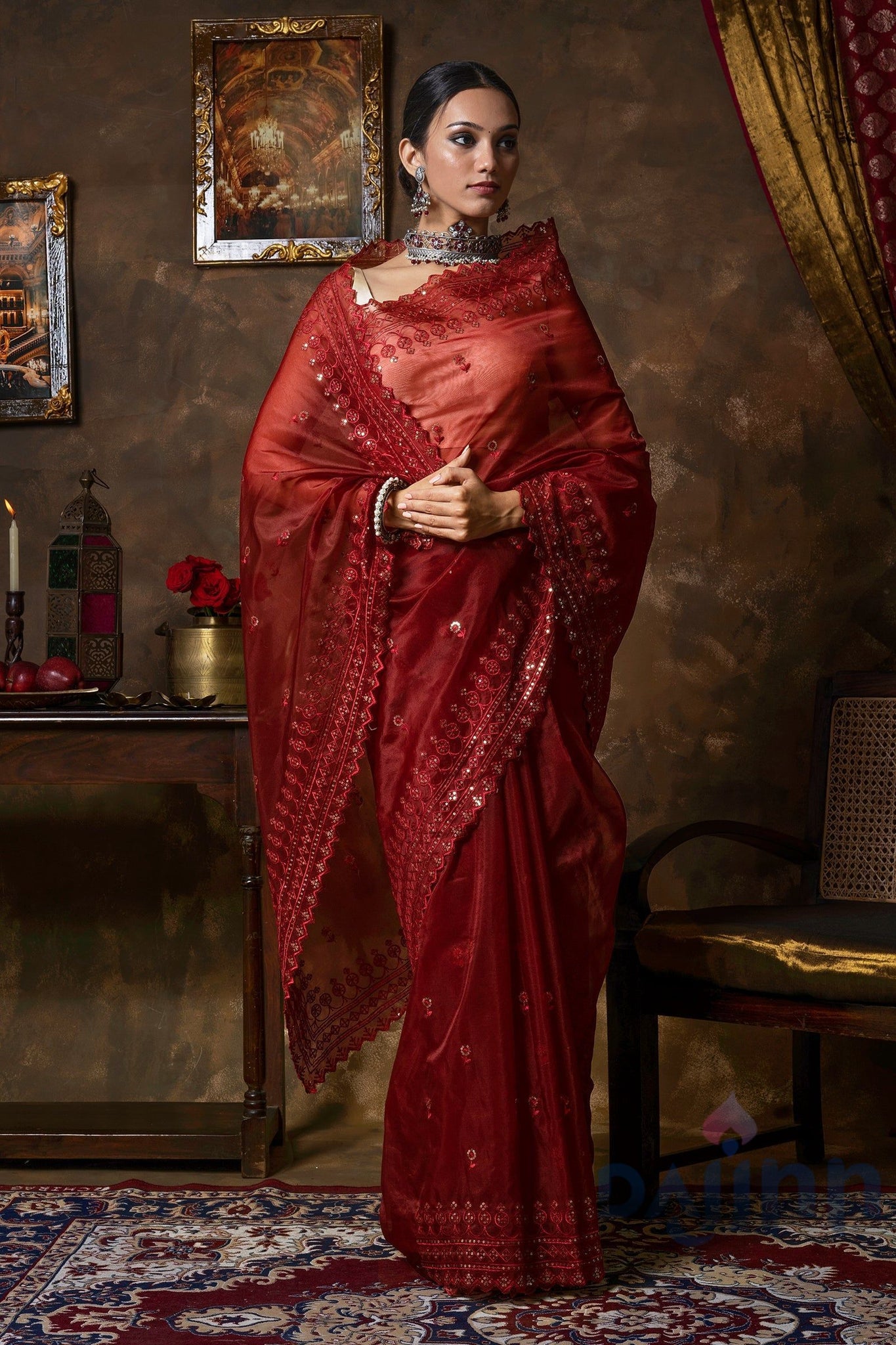 AYSR Boutique Iylia Dark Red Sequin Embroidery Organza Saree