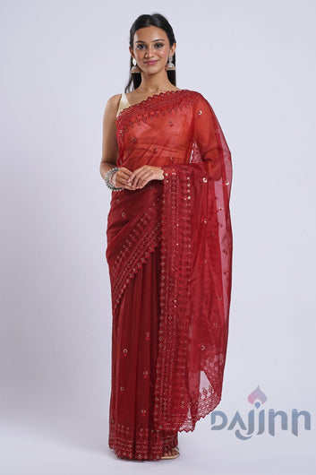 AYSR Boutique Iylia Dark Red Sequin Embroidery Organza Saree