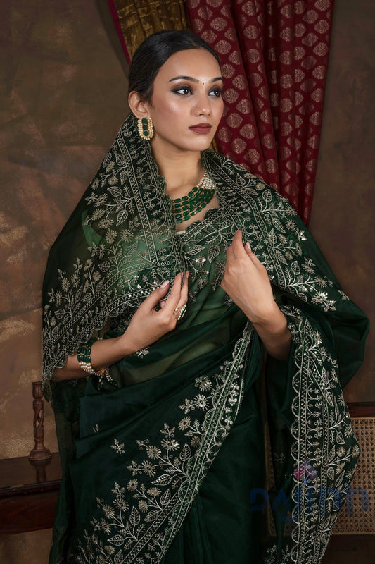 AYSR Boutique Irahi Forest Green Sequin Embroidery Organza Saree