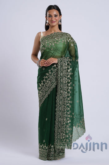 AYSR Boutique Irahi Forest Green Sequin Embroidery Organza Saree