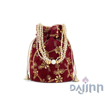 O Haseena Maroon Velvet Embroidered Potli Bag