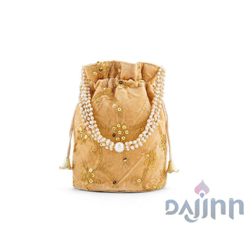 O Haseena Beige Velvet Embroidered Potli Bag