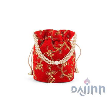 O Haseena Red Velvet Embroidered Potli Bag