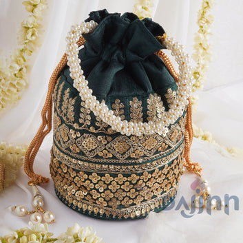 AYSR Boutique Bottle Green Embroidered Potli Bag