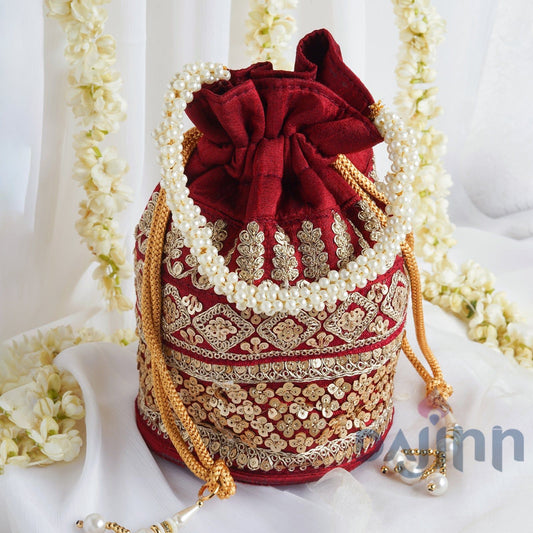 AYSR Boutique Dark Maroon Embroidered Potli Bag