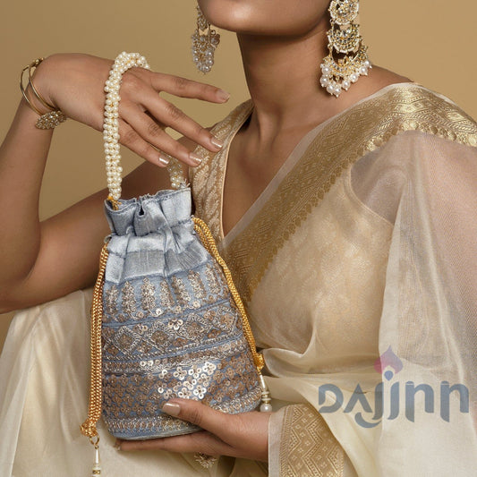 Wedding Bells Grey Embroidered Potli Bag