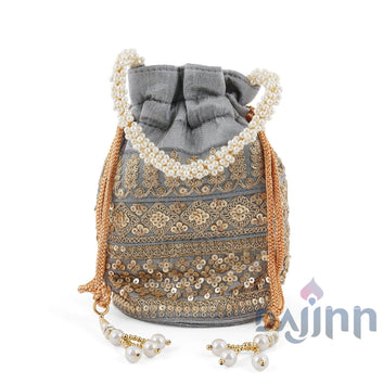 Wedding Bells Grey Embroidered Potli Bag