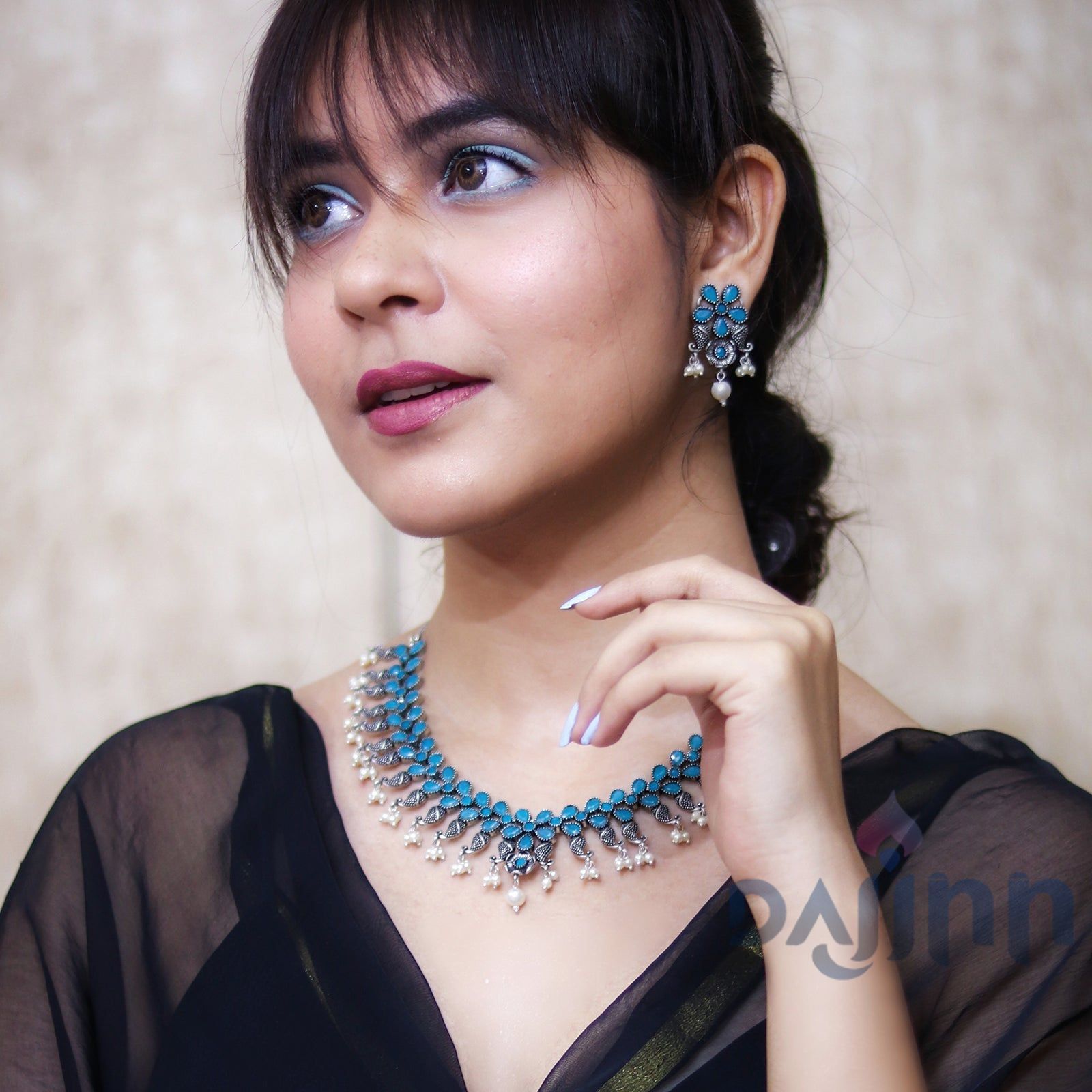 Niranjana Light Blue Stone Silver Oxidized Necklace Set