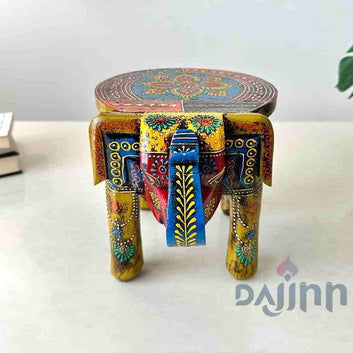 Mehendi Green Handpainted Wooden Elephant Stool